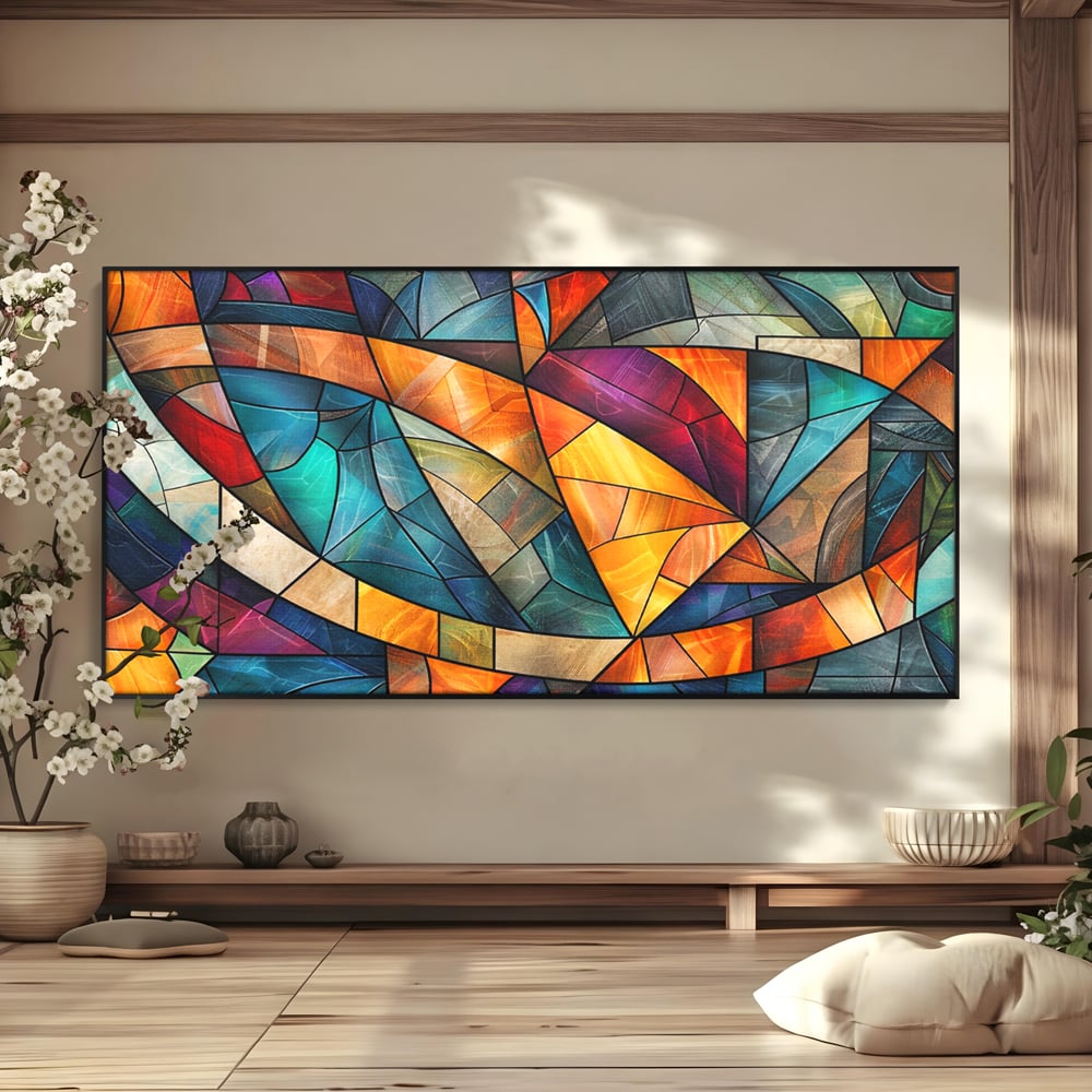 Tablou canvas cu tablou canvas cu mozaic geometric colorat, in rama de aluminiu negru